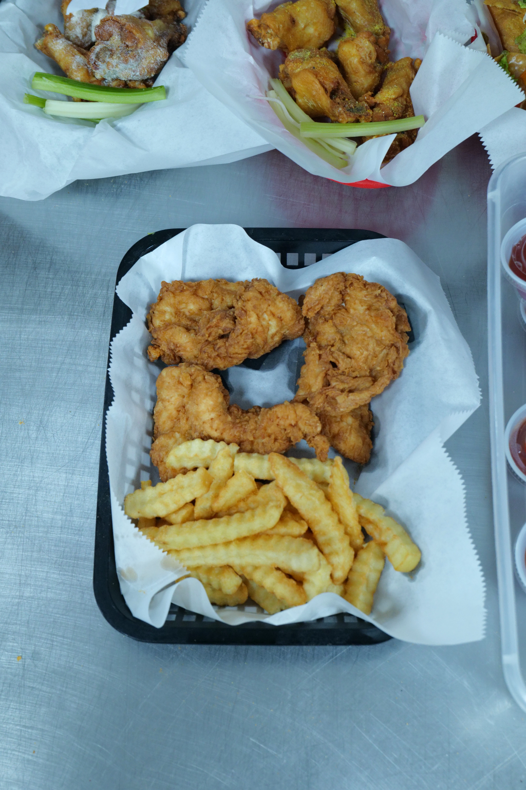 Chicken and fries meal presentation